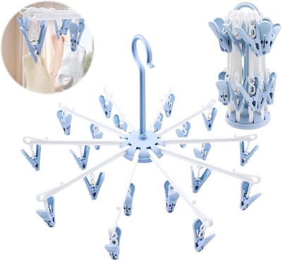 GELLDG Opvouwbaar Wasrek - Compact Design - Met 40 Klemmen - Kunststof - Geschikt voor Sokken en Ondergoed - 2 Stuks - Blauw