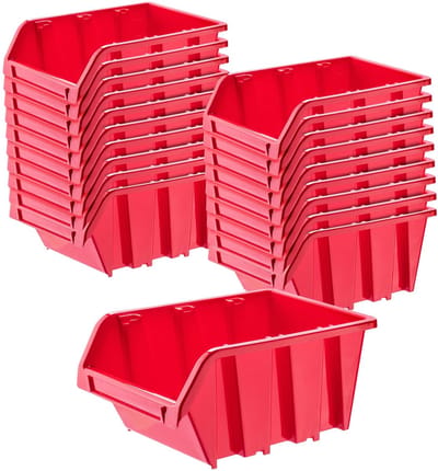 Workshop stapelkist, stapelbox van PP-kunststof, opbergbox in verschillende maten, opbergdozen voor gereedschapswand, opbergdoos, sorteerdoos (rood, 20 stuks, 290 x 200 mm)