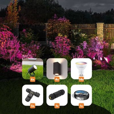 HOFTRONIC – Set van 24 slimme tuinverlichtingsproducten – Prikspots en wandlampen – Dimbaar met GU10 fitting – Aluminium mat zwart – IP65 – Wifi en Bluetooth bediening – RGBWW lichtkleur
