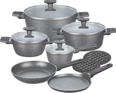 Klausberg 7832 - 12-delige Marmeren Pannenset in Grijs - Compleet en Functioneel Kookgerei met Glazen Deksels
