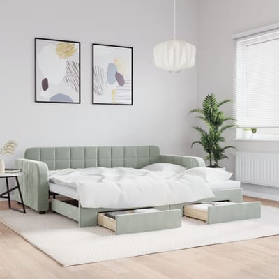vidaXL - Slaapbank - onderschuifbed - en - lades - 90x200 - cm - fluweel - lichtgrijs