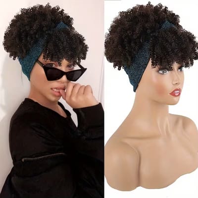 Daity 1. Hoofdtooipruik, donkerbruin synthetisch kort model, 2-in-1 hoofddoekpruik met trekkoord voor een hoog, volumineus effect, inclusief een zwarte hoofddoek.