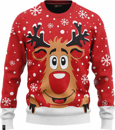 JAP Christmas Kersttrui voor kinderen (maat 98/104) - 100% Gerecycled - Kriebelt niet - Kerstcadeau - Foute Kersttrui jongens en meisjes (3/4 jaar) - Rudolf het Rendier - Rood