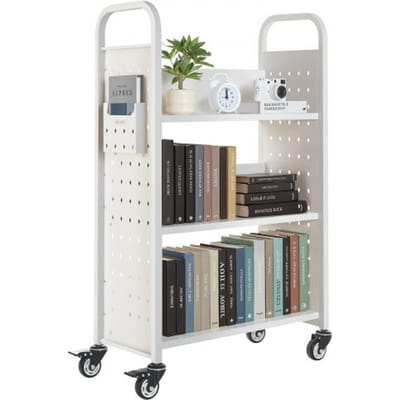VEVOR Boekenwagen, draagvermogen 150 kg, Bibliotheekwagen, 77 x 38 x 122 cm, enkelzijdige L-vormige boekenplank met dubbele remwielen, Boekenplankwagen voor woonkamer, kantoor, school, wit