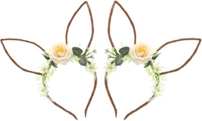 Chaks Verkleed diadeem paashaas/bunny oren - 2x - met bloemen - wit - one size