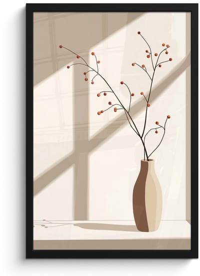 Poster in lijst - Fotolijst 40x60 cm - Posters - Vaas - Takken - Bessen - Minimalistisch - Posterlijst zwart - Decoratie - Wanddecoratie woonkamer - Muurdecoratie slaapkamer