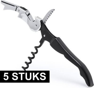Kurkentrekker 3-in-1 - 5x - rvs metaal - zwart/zilver - 12 cm - wijnflessen