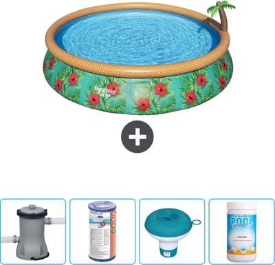 Bestway Rond Opblaasbaar Fast Set Zwembad - Paradijsprint - 457 x 84 cm - Inclusief Pomp Filter - Chloordrijver - Chloor