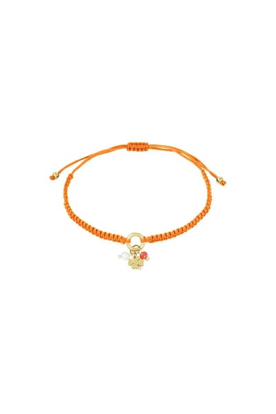 Dames Armband verstelbaar koord - Klavertje vier - Parel - Kraal - Oranje - Goud - Stainless steel - Touw armband - Polyester armband - Geluksarmband - Enkelbandje - Charm sieraden - Ibiza - Boho - Cadeau - Festival