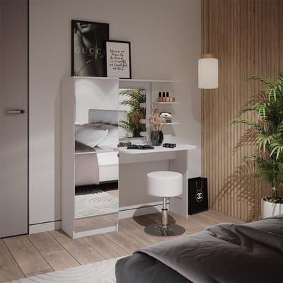 Kaptafel set - Make-up tafel - Klaarmaken voor dag - Geïntegreerde LED-verlichting - 123 cm breed - Wit
