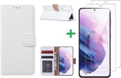 Hoesje Geschikt Voor Samsung Galaxy S21 FE hoesje bookcase Wit Met screenprotector / 2X tempered glass
