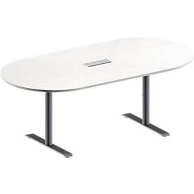 Schäfer Shop Genius Vergadertafel MODENA FLEX, in hoogte verstelbaar, 3-voudige contactdoos, ovale vorm, T-poot ronde buis, B 2000 x D 1000 mm, wit