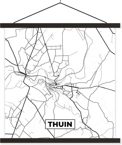 Posterhanger incl. Poster 60x60 cm - Schoolplaat - Stadskaart – Plattegrond – België – Zwart Wit – Thuin – Kaart - Textielposter - Zwarte latten - Stadskaart