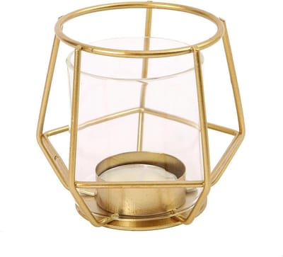 Kaarsenhouder Set - Kandelaar Glas - Diner Decoratie - Stabiele Metalen Basis - 9.5 x 8.5 cm - Goudkleurig