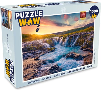 Puzzel Waterval - Planten - Mos - Landschap - Zonsondergang - Rots - Legpuzzel - Puzzel 1000 stukjes volwassenen