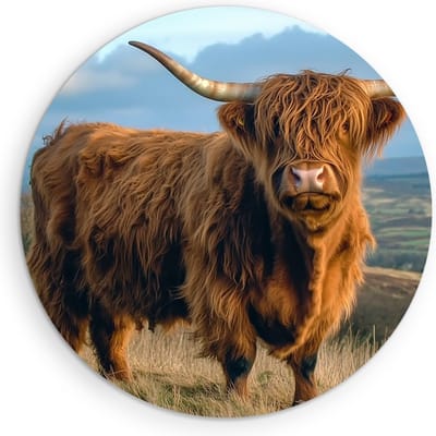Saammp Muurcirkel Hout Schotse Hooglander Koe tussen de mist - Dieren - Natuur - Ø 90 - Wandcirkel - Wanddecoratie Cirkel - muurdecoratie Woonkamer - Slaapkamer decoratie - Rond Schilderij