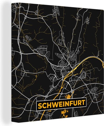 Canvas Schilderij Duitsland – Black and Gold – Schweinfurt – Stadskaart – Kaart – Plattegrond - 20x20 cm - Wanddecoratie