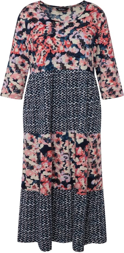 Ulla Popken - Dames - Midi-jurk motiefstrepen A-lijn ronde hals 3/4-mouwen - Donkerblauw - Maat 54+