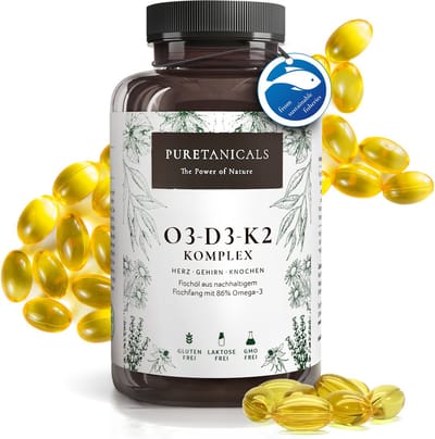 PURETANICALS Omega 3 + Vitamine D3, K2 MK7 All-Trans micro-ingekapseld – Premium Essentials O3-D3-K2 hooggedoseerd – Visolie met essentiële EPA & DHA vetzuren | Omega3 Fish Oil Druppels | 240 Capsules