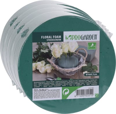 Pro Garden Steekschuim - 4x stuks - nat - rond - groen - D14 x H7 cm - geschikt voor echte bloemen - floral foam oase blok
