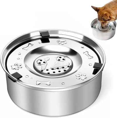 Famanu – Waterbak hond zonder kwijlen roestvrij staal - waterbak zonder kwijlen - zwevende dispenser - hond met antislipbodem - lekbestendige voederbak voor puppy's en kittens gezond drinken 1 L