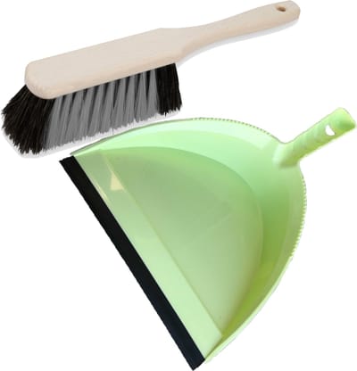Stoffer en blik groen van kunststof/hout met lip voor binnen - Zachte borstel/handveger