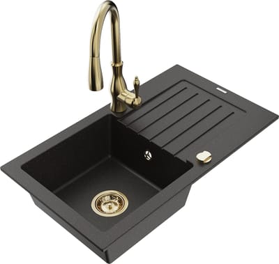Mexen Pablo granieten gootsteen met 1 bak met afdruiprek en keukenkraan Savita, zwart/goud metallic - 6510-75-672601-50