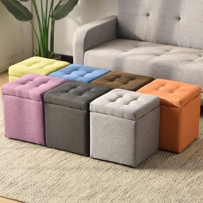 Opberg poef - Zitkruk - Extra opbergruimte - Massief houten frame - 30x30x35 cm - Beige