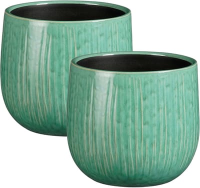 Mica Decorations Plantenpot - 2x - keramiek - groen glans / ribbels - D18 x H16 cm - bloempot Pablo