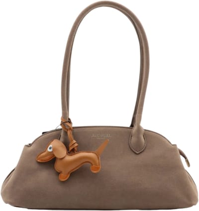 Flora & Co - teckel tas - dames handtas - fashion - suède look - teckel charm - taupe