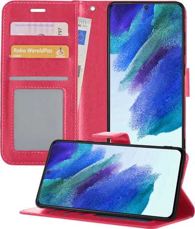 Hoesje - Geschikt voor Samsung Galaxy S21 FE - Luxe Bookcase - Walletcase Hoes - Portemonnee - Cover - Telefoonhoes - Donkerroze