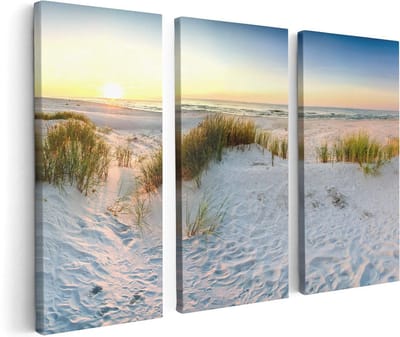Artaza Canvas Schilderij Drieluik Strand En Duinen Tijdens Zonsondergang - 120x80 cm - Wanddecoratie Woonkamer - Schilderijen - Muurdecoratie