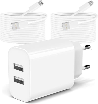 Dual USB-A Oplader + 2x 8 pin Kabel – Geschikt voor Apple iPhone - 3 Meter - USB Stekker – Snellader – Fast Charger - Dubbele USB Stekker – USB A - 12W - Wit