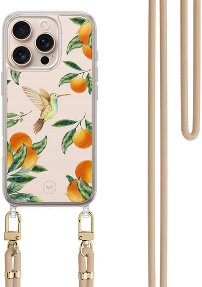 Hoesje met koord geschikt voor iPhone 16 Pro Max - Tropical fruit - Inclusief zwart koord - Crossbody beschermhoes - Transparant, Multi - Mooie Telefoonhoesjes