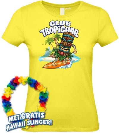 Dames t-shirt Tiki Surfer | Toppers in Concert 2024 | Club Tropicana | Hawaii Shirt | Ibiza Kleding | Lichtgeel Dames | maat XS