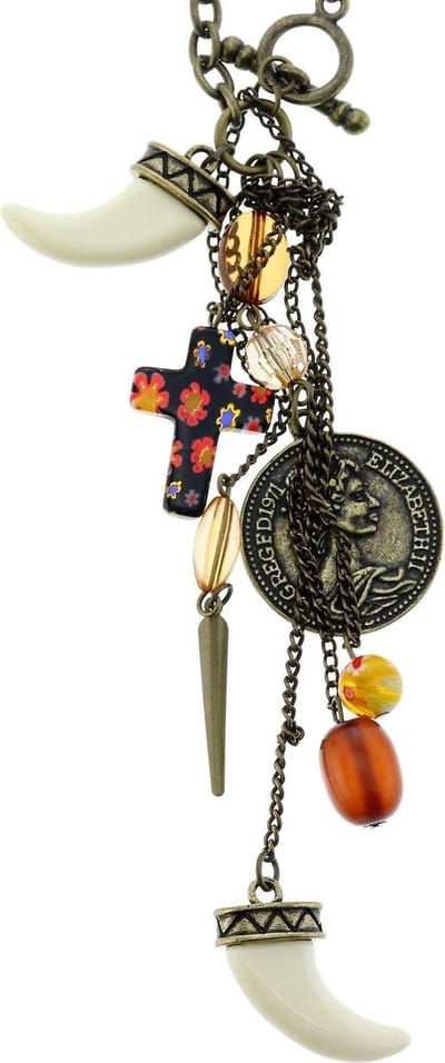 Behave - Lange antiek goudkleurige ketting met munt, tand, kruisje en bruine kralen - 76 cm