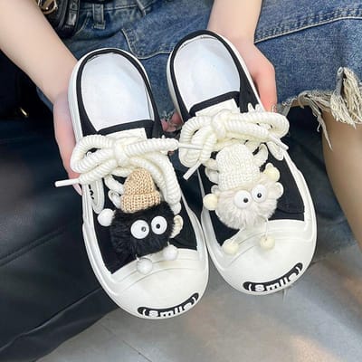 Zomer Canvas Halve Pantoffels Dames Nieuwe Bovenkleding Platte Zool Casual One Pedal Luie Tas Hoofd Sandalen Tide 40 zwart