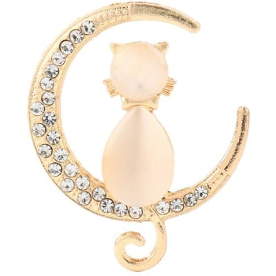 Strass Opaal Steen Maan Kat Broche Pin Voor Vrouwen Schattig Kitten Dier Kristal Corsage Broches Kleding Accessoires Cadeau beige