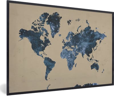 Poster in lijst - Fotolijst 90x60 cm - Posters - Wereldkaart - Blauw - Vintage - Posterlijst zwart - Decoratie - Wanddecoratie woonkamer - Muurdecoratie slaapkamer