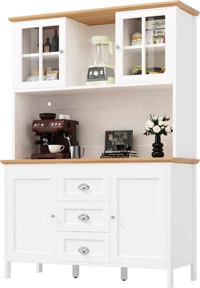 KeKeukenkasten (120 x 40 x 179 cm), hoge keukenkasten, sideboards, keukenkasten met bruine glazen deuren en LED-verlichting, Wit