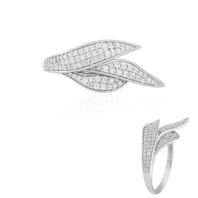Cavill - Zilveren Ring - 925 Sterling Zilver Geplatineerd - 77 Cambodjaanse Zirkonia's Rond Briljant Pave - Elegante Damesring met Bladmotief