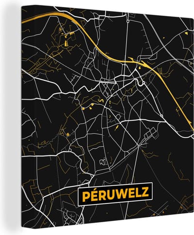 Canvas Schilderij Péruwelz - Kaart - Plattegrond - Goud - Stadskaart - 20x20 cm - Wanddecoratie