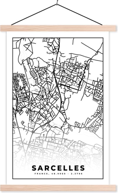 Posterhanger incl. Poster 40x60 cm - Schoolplaat - Kaart - Sarcelles - Frankrijk - Stadskaart - Plattegrond - Zwart wit - Textielposter - Blanke latten - Stadskaart