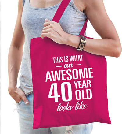 Awesome 40 year / geweldig - 40 jaar cadeau tas - roze - voor dames - kado tas / verjaardag tasje / shopper