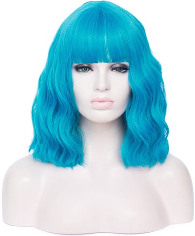 KIMU® Luxe Oceaanblauw Pruik Schouderlengte - Rechte Pony Krullen - Lichtblauw Blauw Oceaan Zee Onderwater Zeemeermin Festival