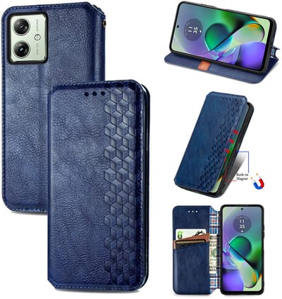Luxe PU Lederen Ruitpatroon Wallet Case + PMMA Screenprotector voor Moto G54 5G _ Blauw