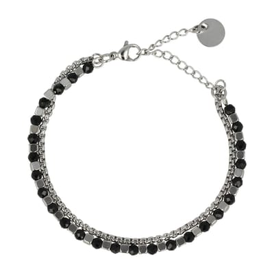 My Bendel - Zilverkleurige Dubbele Armband met Zwarte Glasstenen - Zilverkleurige Armband met Zwarte Glasstenen - Elegant Design - met Luxe Cadeauverpakking | Sieraden Voor Dames