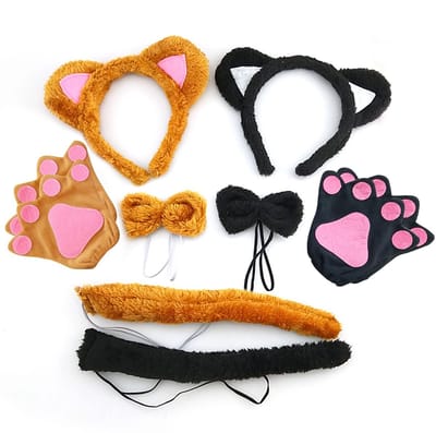 Dailygoods- Kostuumset 2 Stuks - Kattenoren/Hoofdband - Kattenpoothandschoenen - Kattenstaart/Vlinderdas - Dieren Kostuum Kind - Zacht Pluche/Polyester - Dierenkostuum