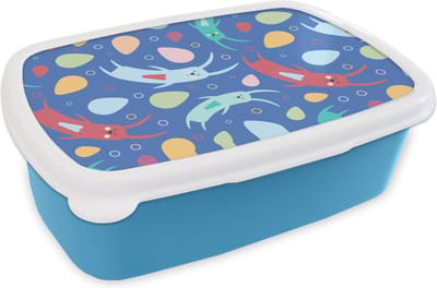 Broodtrommel Blauw - Lunchbox - Brooddoos - Konijnen - Pastel - Regenboog - Patronen - 18x12x6 cm - Kinderen - Jongen