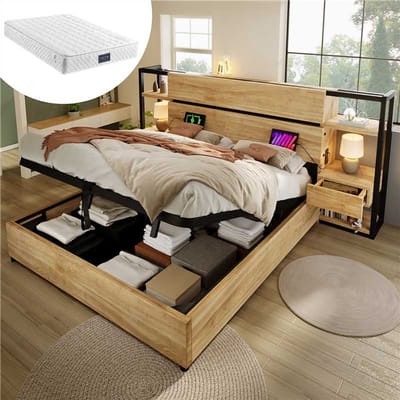 Pugsdrly Houten tweepersoonsbed 160 × 200 cm, bed met hydraulische opbergruimte, hoofdeinde met lades en USB- en Type-C-poorten, bedframe met houten latten, eiken kleur (met matras).
